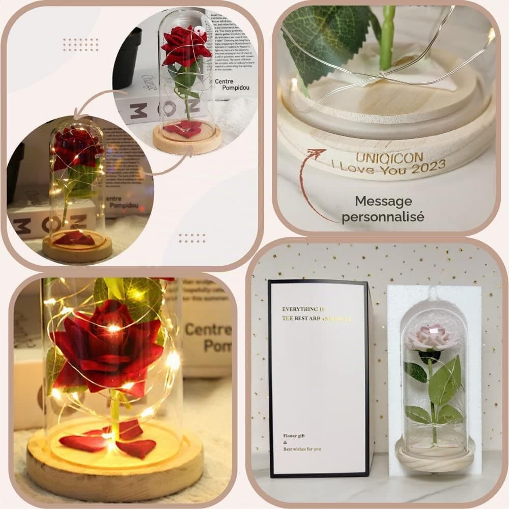 Saint Valentin Rose Eternelle sous Cloche, La Belle et la Bête Rose, Dôme en Verre Rose éternelle avec lumière LED et Base, Mariage Maison Décor, Cadeau Unique pour Maman, Femme, Mere, Mamie, Amie