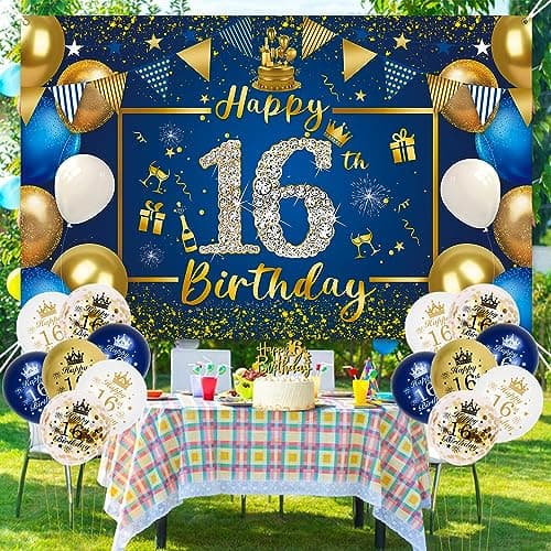 Deco Anniversaire 16 Ans, VICTERR Bleu Or Decoration Anniversaire 16 Ans Garcon Fille Banderole Joyeux Anniversaire Triangle Bannière Bleu Or Confettis Ballon, 16 Ans Anniversaire Décoration Fête