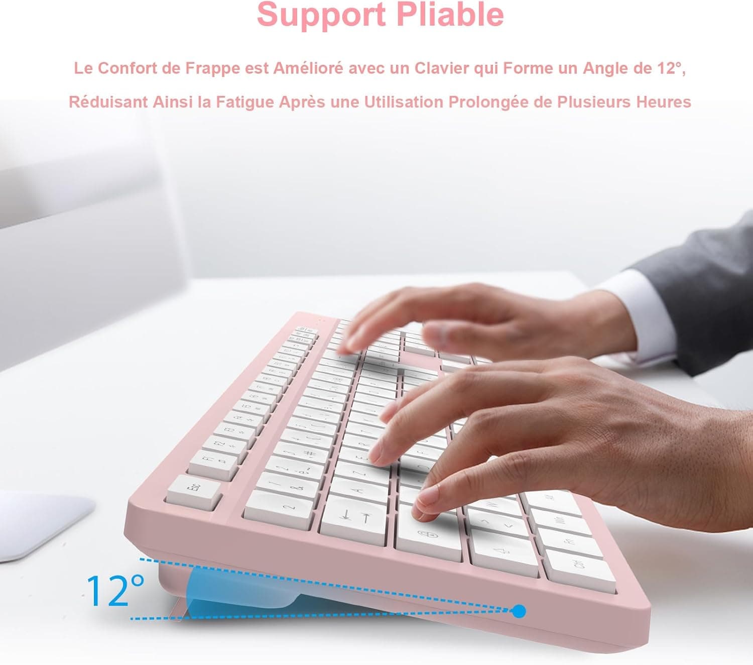 LeadsaiL Clavier Souris sans Fil, Ergonomique Ensemble Clavier de Souris Pleine Taille, 2,4 GHz avec Récepteur USB, 12 Boutons Programables pour PC, Portable, Windows, Mac AZERTY Français