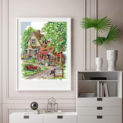 Cleana Arts Kits de Point de Croix Estampillés Gamme Complète de kits de Démarrage de Broderie pour Débutants DIY 14CT 2 brins-Charmante Campagne 36cm×44cm