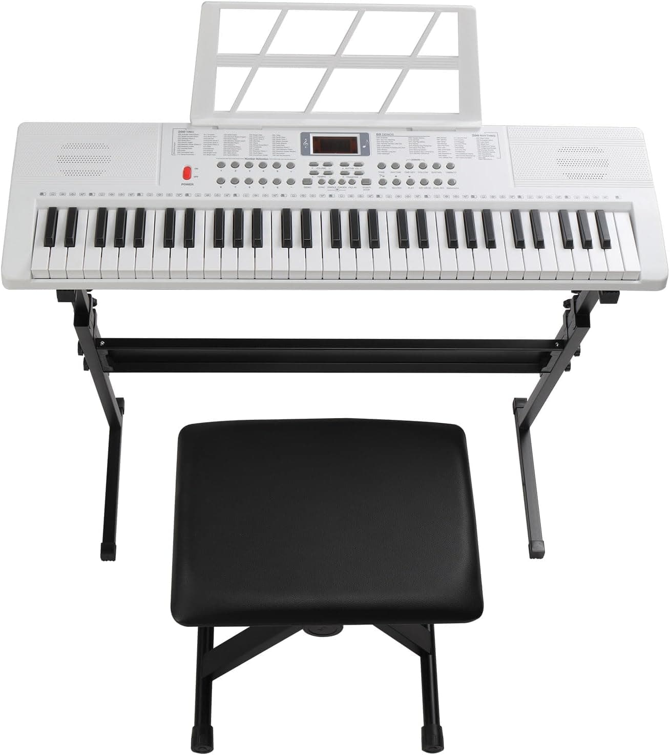 LALAHO Clavier Piano 61 Touches avec Support de Clavier, Banc de Piano, Piano Numérique avec Casque, Pupitre, Microphone, Écran LED, pour Débutants (Blanc)