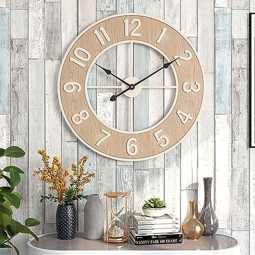 Lidzopas Grande Horloge Murale silencieuse, Horloge Murale Moderne en Grain de Bois avec Chiffres Arabes pour Salon Chambre Bureau Salle de Classe - 60 cm