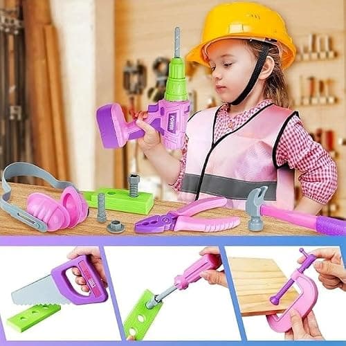 ANYCESO Ensemble d'outils électriques pour Enfants, Coffret de Jouets de Construction, visseuse sans Fil, idée Cadeau pour garçons et Filles de 3 à 8 Ans, Rose