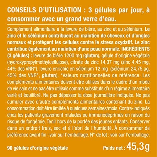 LEVURE Active DE BIERE REVIVIFIABLE - Complément Alimentaire Cheveux, Ongles & Peau - Enrichie en Zinc & Sélénium - Facilite le Transit - 90 Gélules Vegan - Nutrimea - Fabriqué en France