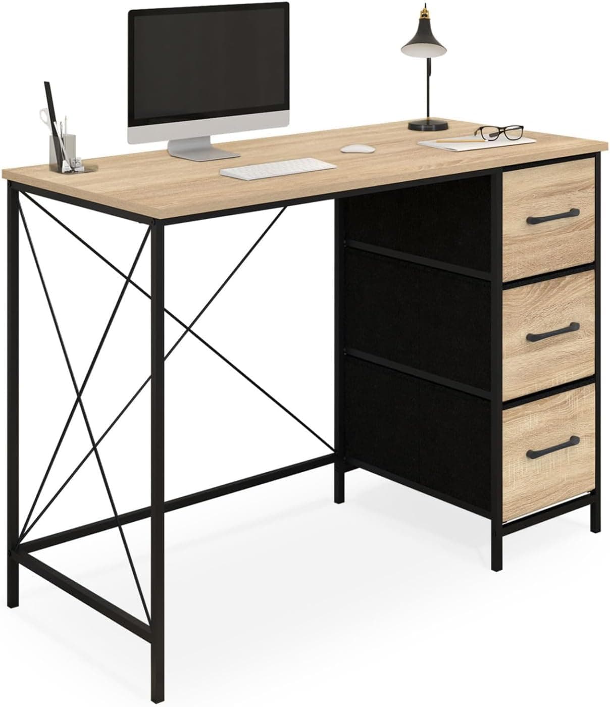 IDMarket - Bureau 3 tiroirs en Tissu Utah Bois et Noir Design Industriel