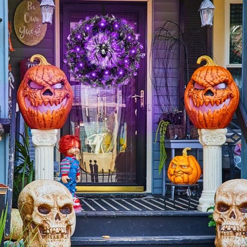 HYOJCWU 35cm Couronne Halloween, Guirlande de Décoration D'araignée d'halloween avec Lumières, Couronne Halloween Porte, Decoration Halloween pour Extérieur, Intérieur, Mur de Porte d'entrée
