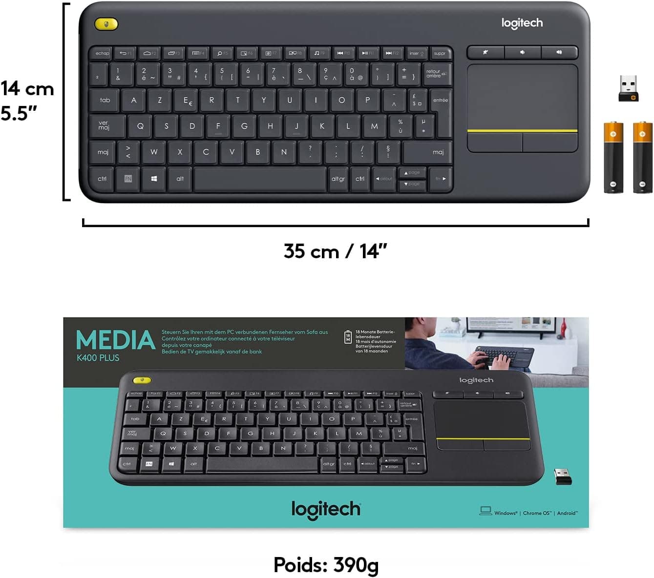 Logitech K400 Plus Clavier sans Fil Touch TV avec Contrôle Média | Facili Controlli Multimediali e Touchpad Integrato, Layout Francese AZERTY - Nero