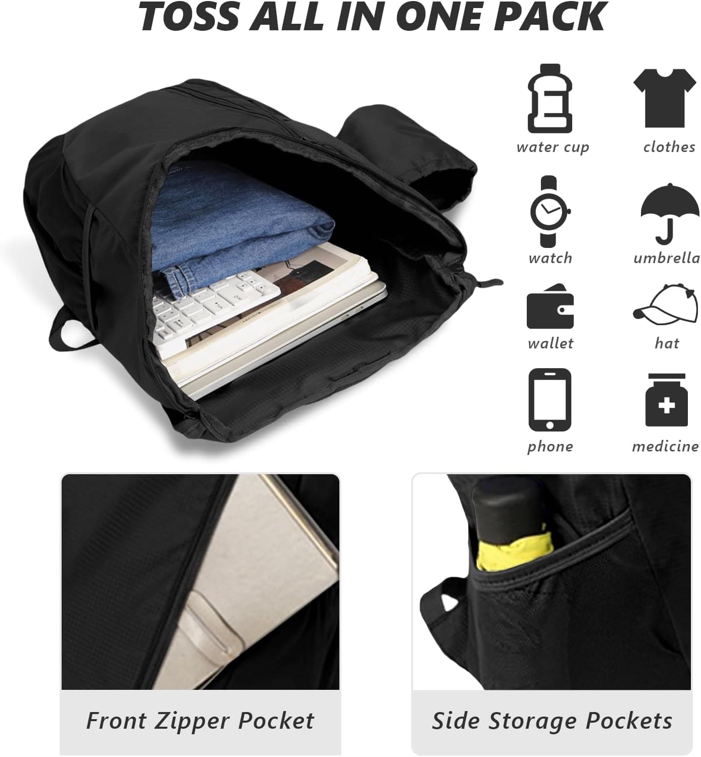 flintronic Sac à Dos Pliable Ultraléger, Sac à Dos de Randonnée, Sac à dos Imperméable Unisexe, Confort et Légèreté, pour le Sport en Plein air Marche Randonnée Camping et Vélo, Noir