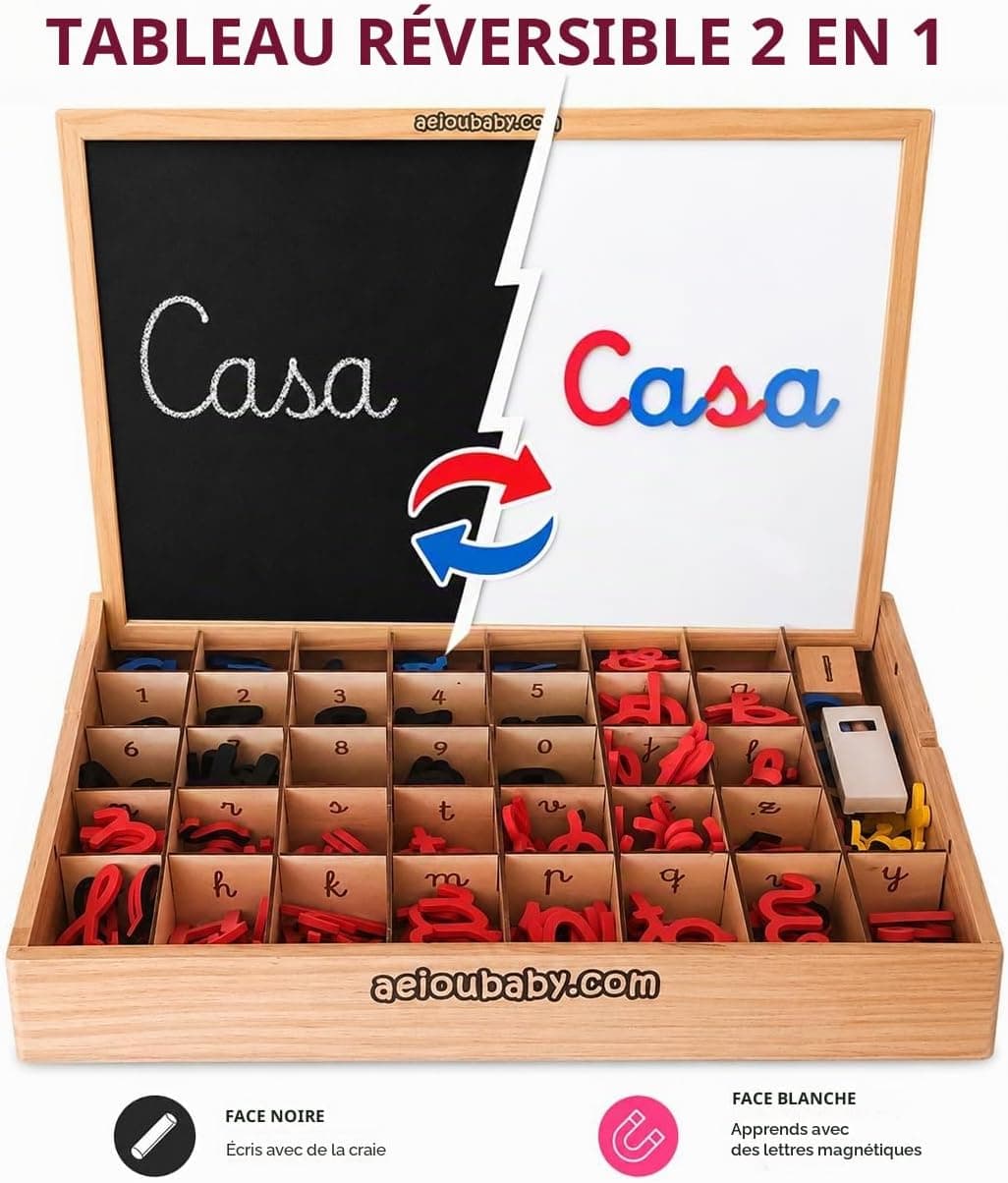 Lettres et Chiffres Magnétiques Montessori | Alphabet Cursif avec Majuscules, Minuscules et Nombres en Mousse EVA | Ardoise Réversible et Boîte en Bois | Jeu Éducatif Lecture et Écriture