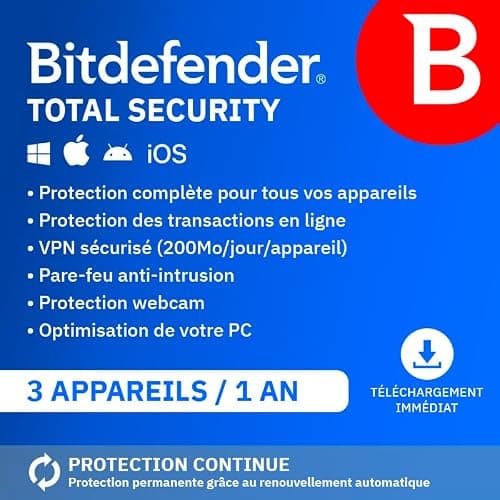 Bitdefender Total Security 2025 | 3 Appareils | 1 An | PC/Mac/iOS/Android | Code d’activation par email | Renouvellement Automatique