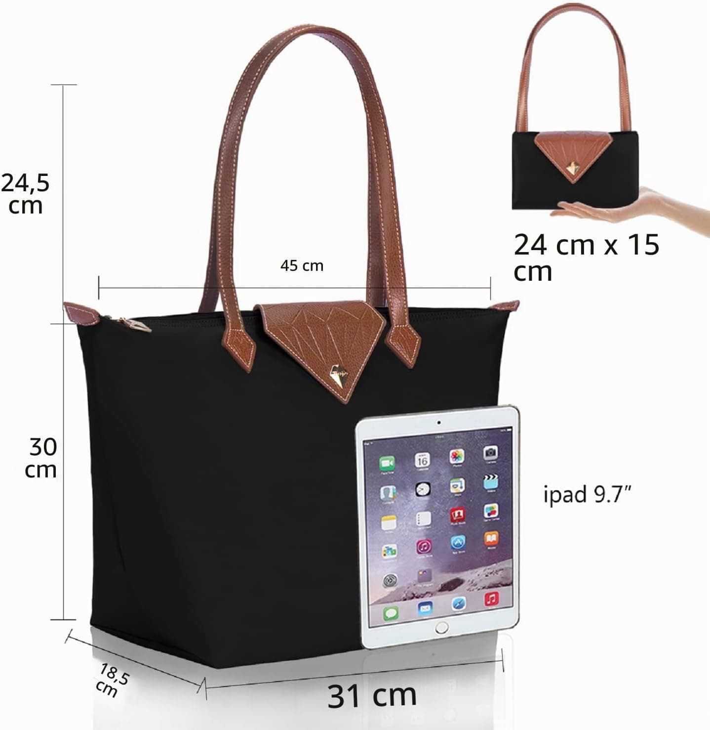 Sac à main pour femme, grand sac à bandoulière étanche, pliable noir pour loisirs, voyage, bureau, shopping
