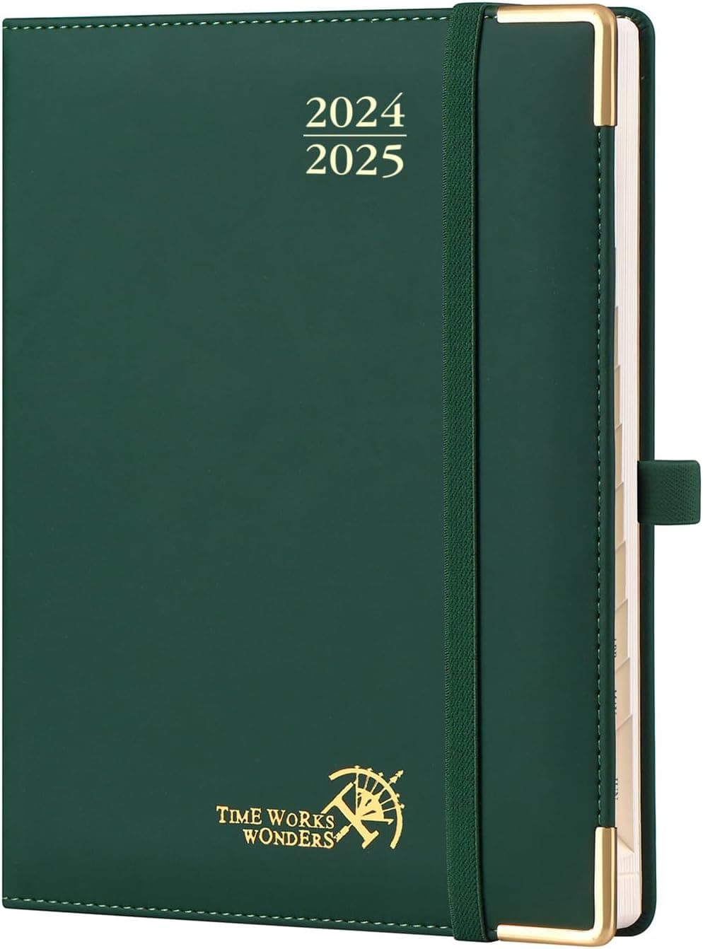 POPRUN Agenda 2025 Semainier 22 x 16,5 cm De Août 2024 à Déc 2025, Premium Planner Scolaire 17 Mois, Couvercle en cuir de coton PU, Onglets Mensuels, Papier Certifié 100 g/m2 - Forêt Vert