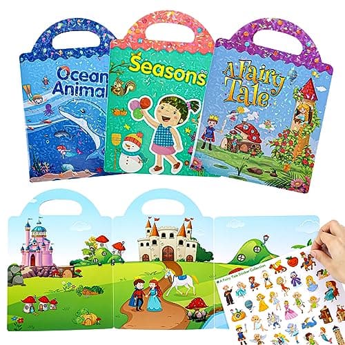 Livre d'autocollants imperméables réutilisables pour enfants - Lot de 3, garçons de 3 à 6 ans, filles, un conte de fées, 3D transparents les saisons, l'océan animal,Jouets d'apprentissage éducatifs