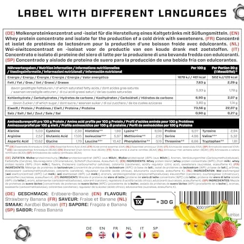 Whey Protein Complex - 1000 g (Fraise et banane) - Avec part d'isolat - Poudre de protéine soluble instantanée avec BCAA & EAA - German Elite Nutrition