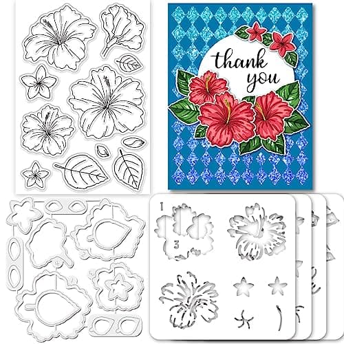 GLOBLELAND 6Pcs tampons Transparents en Silicone Sur le Thème de L'Hibiscus en Couches pour la Fabrication de Cartes et le Bricolage, le Gaufrage, le Scrapbooking, la Décoration Artisanale