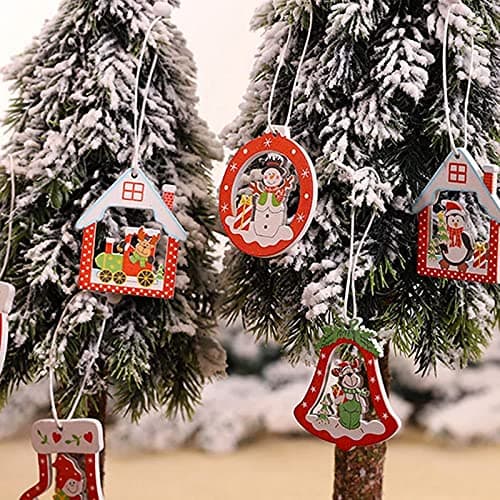 BETESSIN 24pcs Pendentif Noël en Bois Charmes Ornements Décoration Arbre de Noël Suspendus 4 Styles avec 2 Boîtes Décoratives de Fête
