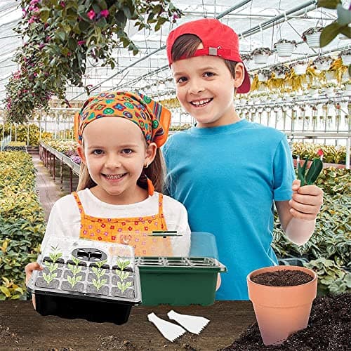 Shengou 10 Pièces Mini Serre pour Semis,Mini Serre pour Plantes,Kit Bac à Semis,Plantes Plateaux à graines avec,avec Outils de Jardinage et 20 étiquettes,Mini Plateau de Serre 12 Trous,Plateau Semis