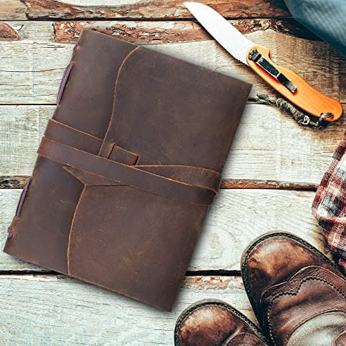 Journal Carnet de notes en cuir, vintage relié en cuir, fait à la main pour lui et pour elle, journal de voyage vintage - Pages Blanches Cahier Carnet de Croquis - avec stylo 18 x 13cm