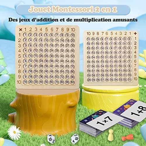 VEGCOO Jeu Table de Multiplication en Bois, Cartes de Multiplication Montessori Mathématique, Jeux de Plateau d'apprentissage des Multiplications pour Enfants de 3 à 12 Ans