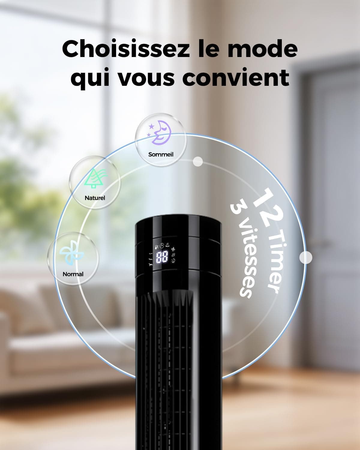 YASHE Ventilateur colonne 110 cm avec télécommande, silencieux 28 dB | Oscillation 85°, 12 h minuterie, 3 modes, 3 vitesses et affichage LED, idéal pour chambre, bureau et maison