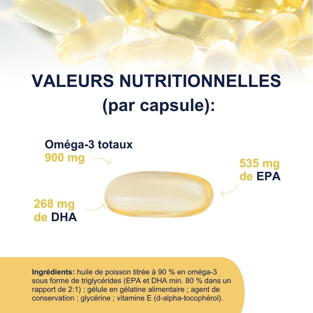 Omegor Vitality 1000 - Supplément alimentaire avec 90% des oméga 3 sous forme de triglycérides - avec de la vitamine E - pour le cœur, la vision et le cerveau en santé - 30 gélules