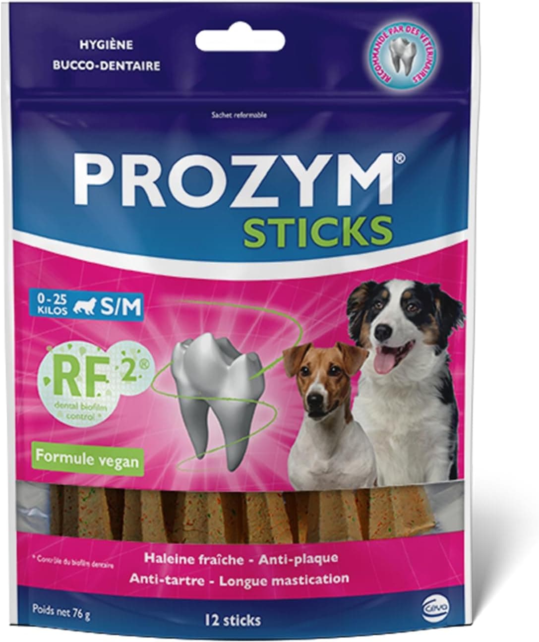 PROZYM RF2 Sticks x12 - Spéciale Hygiène Dentaire Naturelle - Recommandé par des Vétérianire - Formule Vegan pour Chien -25kg (blé)