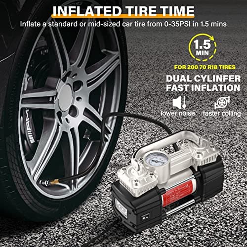 GSPSCN Argent Compresseur d'air portatif Pompe Voiture, Gonflage pneus Voiture portable à double cylindre 12V robuste 150PSI Gonfleur de pneu Heavy Duty Electrique Voiture, SUV, camping-car, balles
