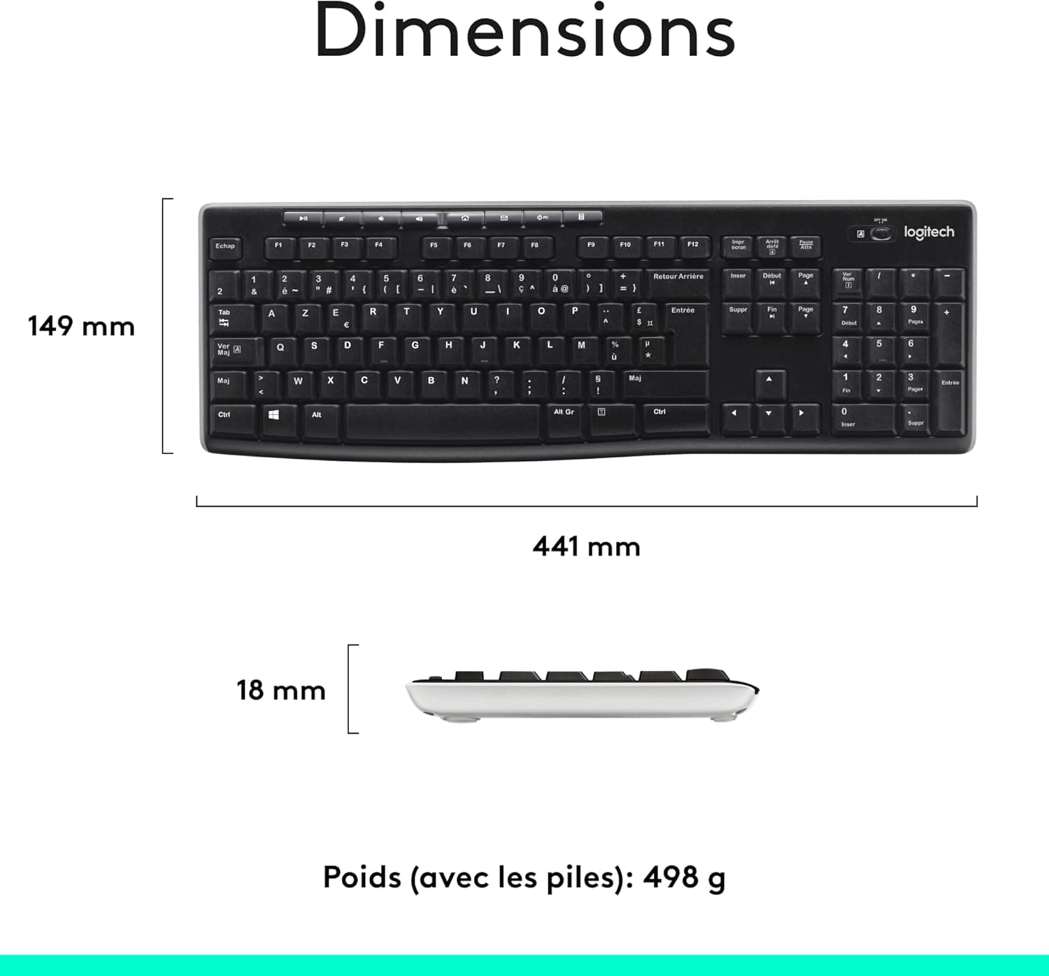 Logitech K270 Clavier Sans Fil pour Windows | Clavier sans fil 2.4 GHz, Taille Standard, Pavé Numérique, 8 Touches Multimédia, PC/Portable, AZERTY - Noir