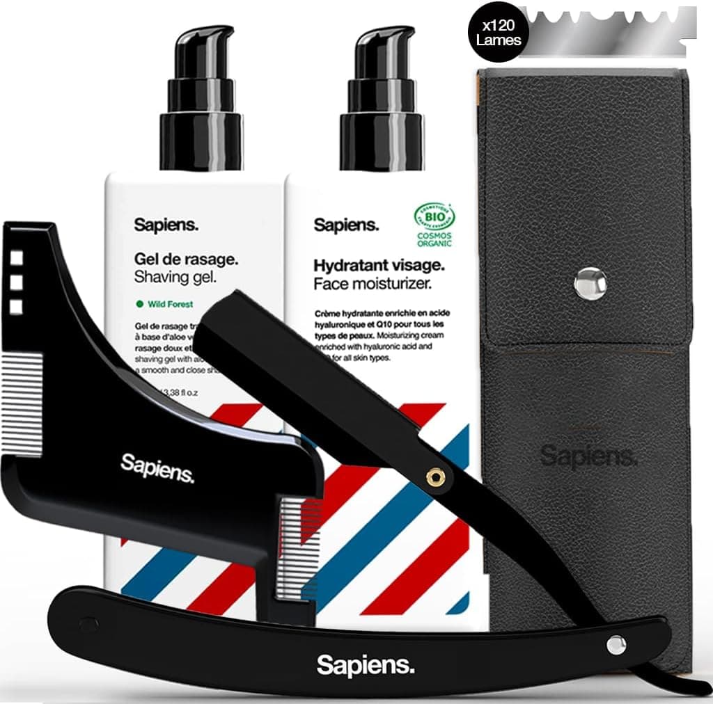 Sapiens Kit Rasage Barbier | Rasoir Coupe Choux Barbe, 120 Lames de Rasoir, Gel de Rasage Transparent, Hydratant Visage AprĂšs Rasage, Pochoir Contours
