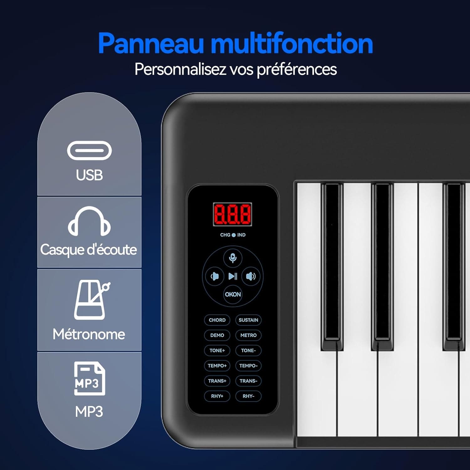 Rhymo Clavier de piano pliant, piano électrique sensible à 61 touches, clavier électrique portable lesté avec Bluetooth MIDI, clavier numérique pliable pour débutant