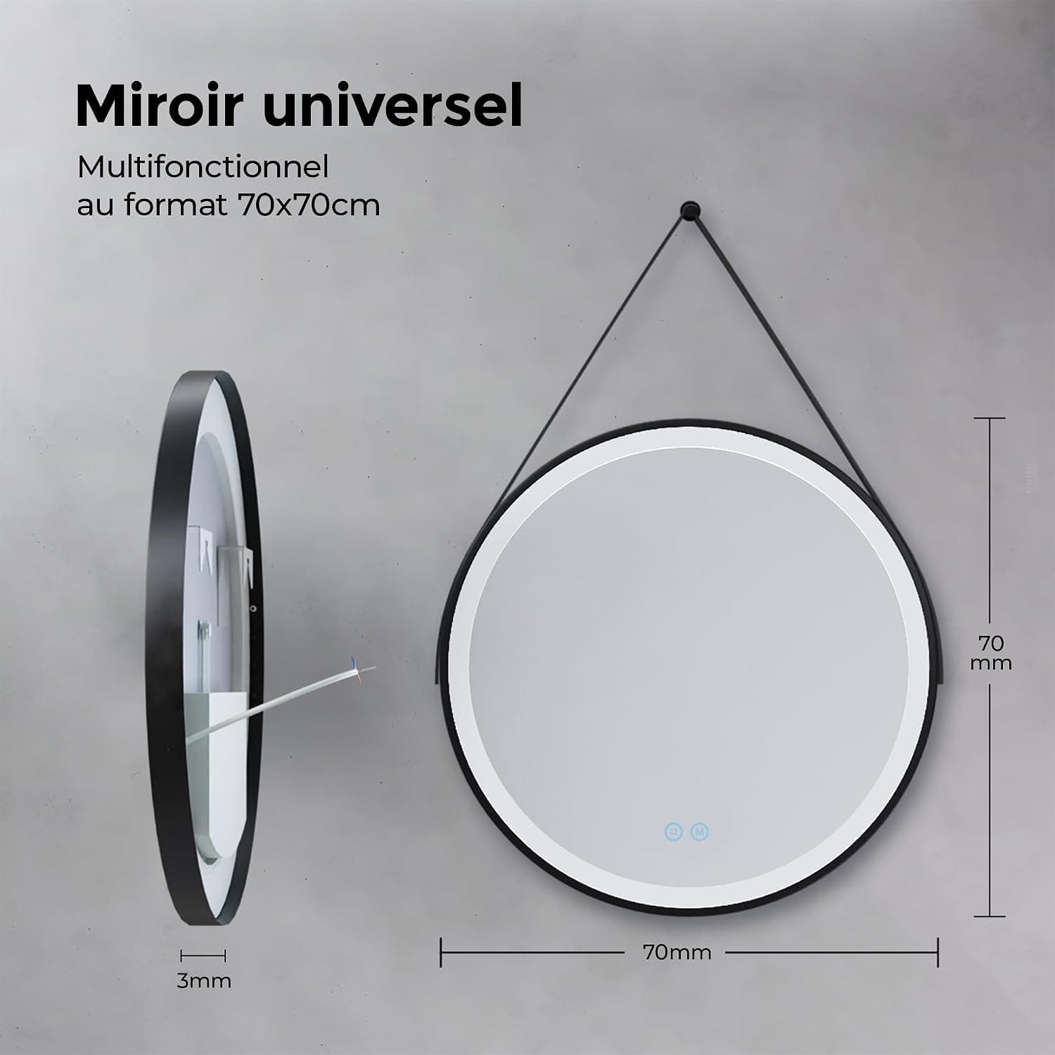 Heilmetz Miroir Salle de Bain Rond avec Éclairage 70cm, Miroir LED Salle de Bain avec Cadre Noir, Dimmable, 3 Couleurs Lumineux, Commande Tactile