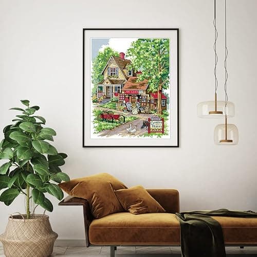 Cleana Arts Kits de Point de Croix Estampillés Gamme Complète de kits de Démarrage de Broderie pour Débutants DIY 14CT 2 brins-Charmante Campagne 36cm×44cm