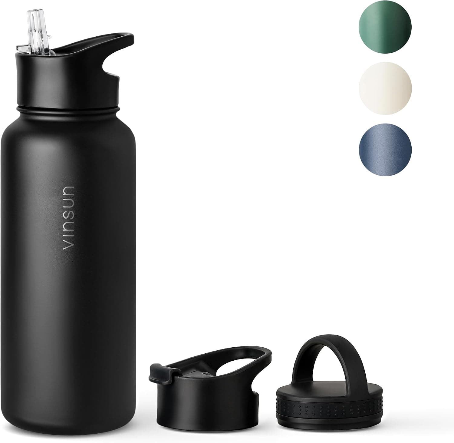 VINSUN Gourde Isotherme 1l - Gourde Inox avec Paille (3 Bouchons) - Étanche, sans BPA, Reutilisable - Bouteille d'eau Isotherme pour Sport, Randonnée, École, Bureau