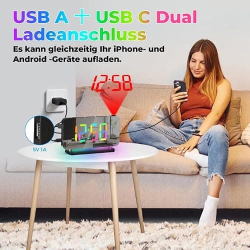 U-picks Réveil Numérique,Réveil avec Projection,Horloge Miroir LED de 7,4" projecteur rotatif à 180°affichage numérique 11 Color RVB,Veilleuse 10 color,Horloge de table numérique à 5 niveaux de Volume