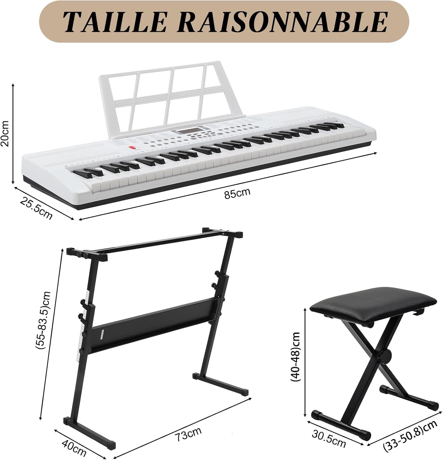 LALAHO Clavier Piano 61 Touches avec Support de Clavier, Banc de Piano, Piano Numérique avec Casque, Pupitre, Microphone, Écran LED, pour Débutants (Blanc)