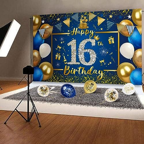 Deco Anniversaire 16 Ans, VICTERR Bleu Or Decoration Anniversaire 16 Ans Garcon Fille Banderole Joyeux Anniversaire Triangle Bannière Bleu Or Confettis Ballon, 16 Ans Anniversaire Décoration Fête