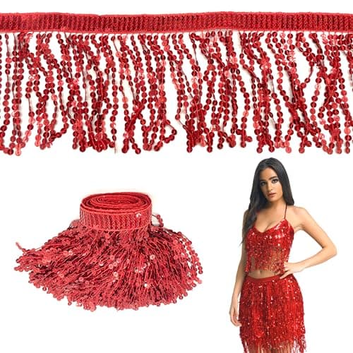 OHYER 3 mètres de long (x 16cm de large) Ruban à franges Paillettes pour costume Franges Garniture Dentelle Jupes paillettes or Jupes de Franges Danse du Ventre à Franges Accessoires rouge BRICOLAGE