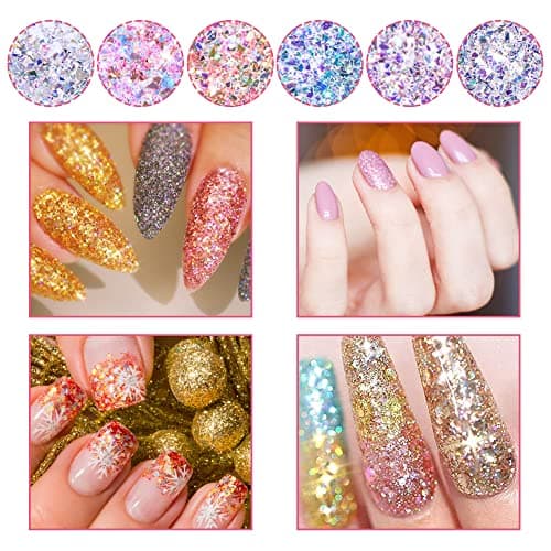 6 boîtes de poudre de paillettes pour ongles, poudre de paillettes avec pinceau éponge, paillettes exquises pour nail art, corps, visage, décoration de festival