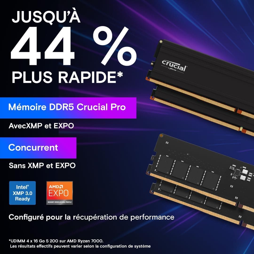 Crucial Pro RAM DDR5 64Go Kit (2x32Go) 5600MHz, Intel XMP 3.0 / AMD Expo, PC Mémoire - CP2K32G56C46U5
