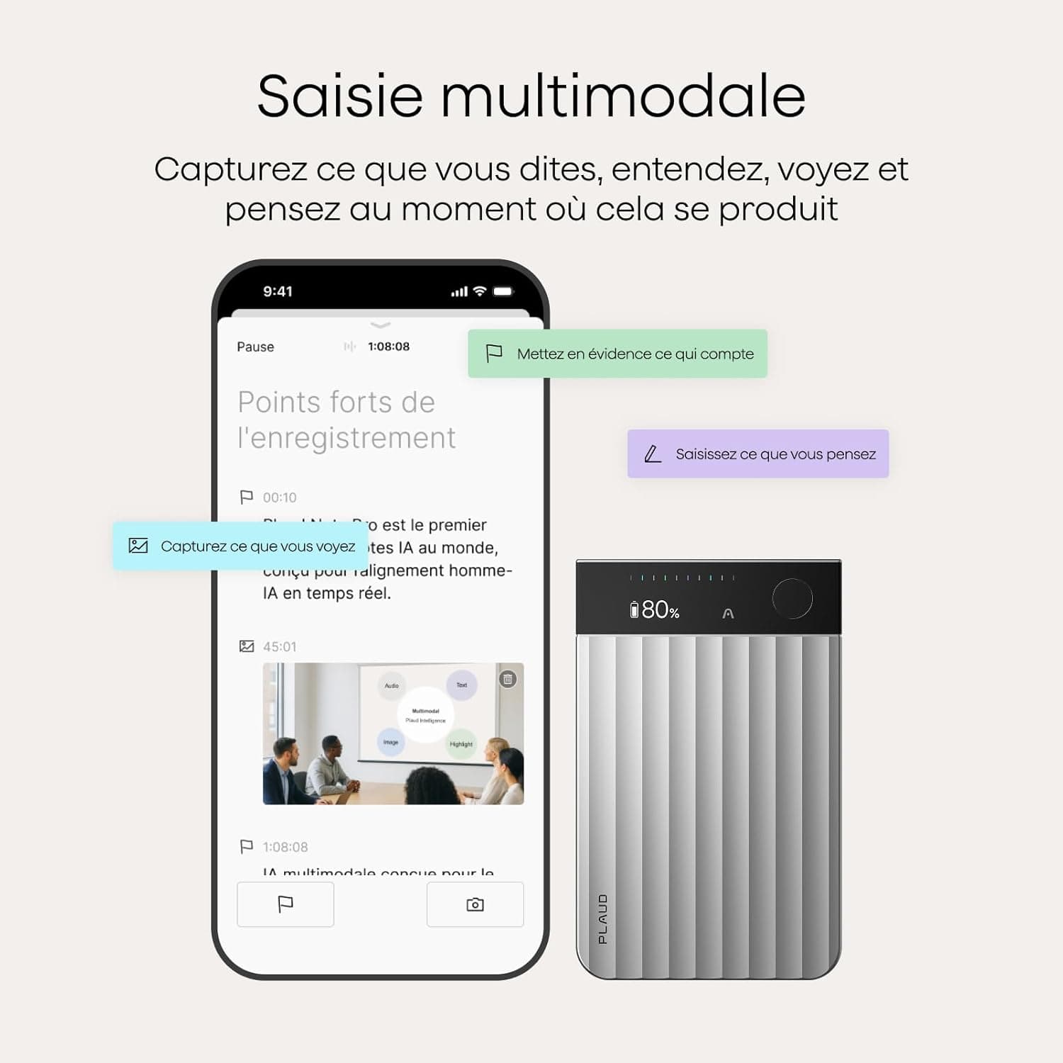 Plaud Note Pro Enregistreur Vocal IA Dictaphone avec Transcription Argent | Résumé IA Saisie multimodale Jusqu’à 50h d’Enregistrement Teams Conçu pour Conférences Réunions Appels Étui Inclus