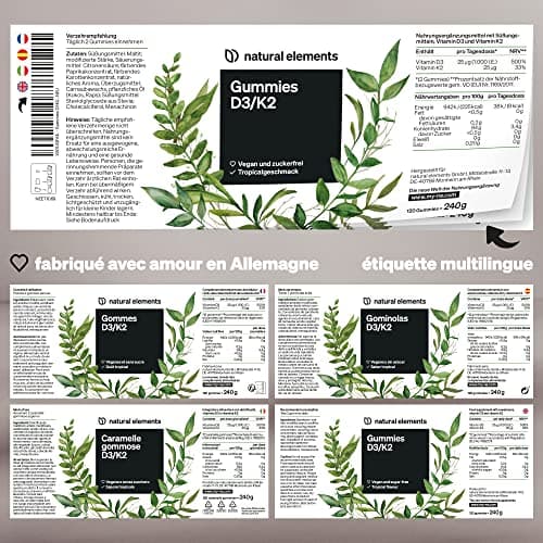 Gommes aux vitamines D3 et K2 – 1 000 U.I. de Vitamine D3 par dose journalière – 120 Gummies – goût tropical – végane et sans sucre – produit et contrôlé en laboratoire en Allemagne