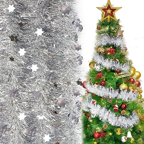 6PCS Guirlandes de Noël Tinsel 12m Avec Étoiles Décoration Scintillantes - Ornement Pendendif pour Sapin, Maison Intérieur, Fête, Anniversaire, Mariage (Argenté)