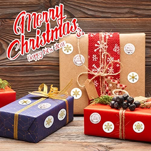 1000PCS Étiquettes Autocollantes Noël Rouleau Sticker Flocon de Neige Merry Christmas Bricolage Décoration Noël Maison Enveloppe Cadeau Cartes de Vœux Scrapbooking Motif pour Noël (Rose et Or)