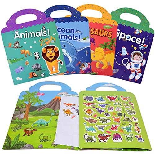 FORMIZON Cahier D'autocollants, Lot de 4 Livres D'autocollants Réutilisables pour Enfants, Animaux de L'océan et Dinosaures Livres D'autocollants Amovibles pour Tout-Petits, pour 2 à 6 Ans
