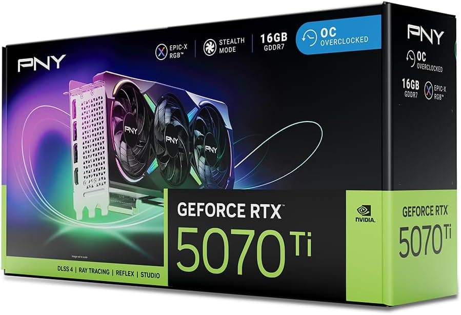 PNY Carte Graphique GeForce RTXTM 5070Ti 16Go ARGB OC Triple Fan DLSS 4 | 16 Go GDDR7, 256 bits, vitesse boostée : 2640 MHz, PCIe® 5.0, HDMI®/DP 2.1, NVIDIA Blackwell Architecture, DLSS 4.5