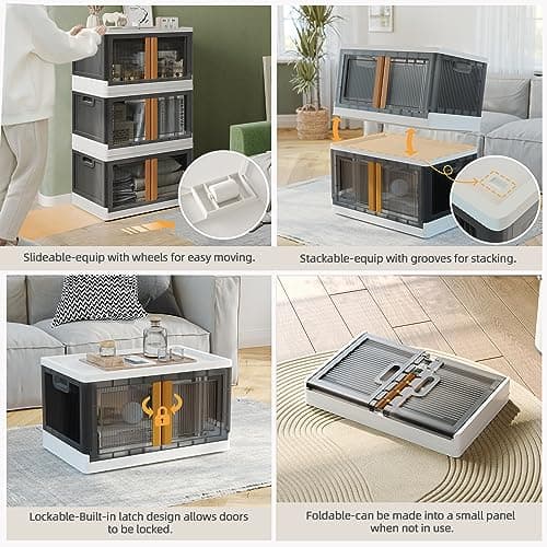 NETEL 4x 94L Empilable BoĂźte de Rangement avec Couvercle et Verrouillable Porte, Pliable Bac de Rangement Plastique avec Roulettes, Grande Caisse Rangement Organisateur pour Cuisine, Salon et Chambre