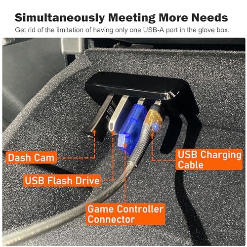 Leikaendi Boîte à Gants Hub USB pour Tesla Model Y 2021-2024 et Model 3 2021-2023, 4-en-1 Multi-Port Station d'accueil Accessoires pour dashcam Flash Drive Chargeur Transfert de données Jeux Musique