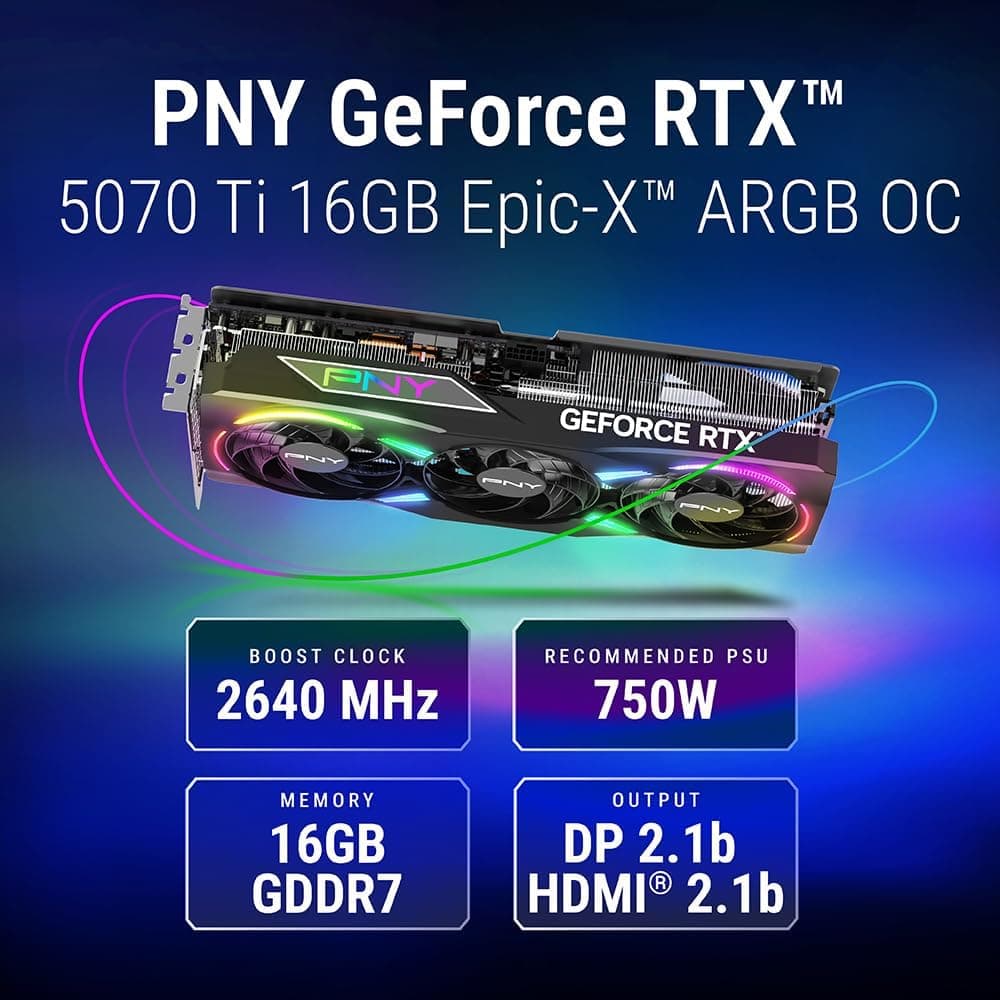 PNY Carte Graphique GeForce RTXTM 5070Ti 16Go ARGB OC Triple Fan DLSS 4 | 16 Go GDDR7, 256 bits, vitesse boostée : 2640 MHz, PCIe® 5.0, HDMI®/DP 2.1, NVIDIA Blackwell Architecture, DLSS 4.5