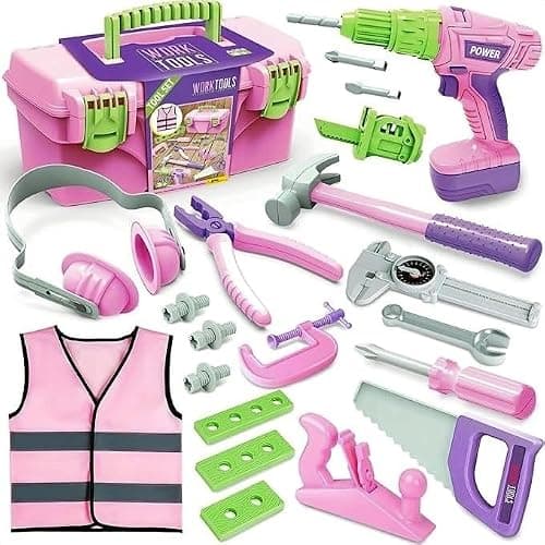 ANYCESO Ensemble d'outils électriques pour Enfants, Coffret de Jouets de Construction, visseuse sans Fil, idée Cadeau pour garçons et Filles de 3 à 8 Ans, Rose