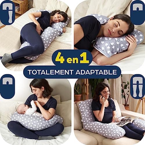 Niimo Coussin de Positionnement - Coussin de Grossesse en U - Coussin de Grossesse pour Dormir - Multifonction et Adapté Allaitement - Housse 100% Coton (Gris avec cœurs Blancs)